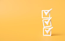 Check Mark Icon Stacked On Yellow Background. Checklist Survey Concept ,and Evaluation  Accreditation, Quality Assurance. With Copy Space And Business Design. 3D Rendering Illustration