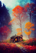 small fairy tale hobbit house, old fantasy building against the backdrop of autumn forest