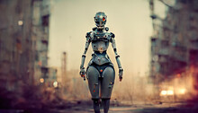 Scary Robot Woman Android. Old Metal, Mechanisms, Gears
