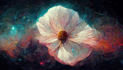 Wall Mural - Abstract, beautiful galaxy illustration flower in cosmos, the universe in the background, artistic visualization fantasy fairy tail wallpaper with glowing stars and planets colorful futuristic concept