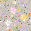 Vector floral seamless pattern. Set of leaves, wildflowers, twigs, floral arrangements. Beautiful compositions of field grass and bright spring flowers on grey background.