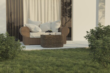 3D Rendering Of Beautiful Terrace With Rattan Furniture And Green Lawn