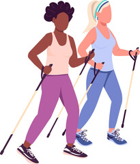 Sticker - Women training outdoor semi flat color raster characters. Active figures. Full body people on white. Training together isolated modern cartoon style illustration for graphic design and animation