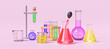 3d science experiment kit with beaker, test tube isolated on pink background. room online innovative education concept, 3d render illustration