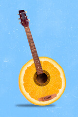 Poster - Vertical collage illustration of creative half orange acoustic guitar isolated on blue painted background