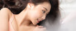 Panoramic of top view Portrait happy young asian woman with beauty products clean fresh bare skin concept. Asian girl beauty face skincare and health wellness, Facial treatment, Perfect skin.