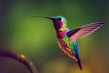 Flying Hummingbird With Green Forest In Background. Small Colorful Bird In Flight. Digital Art