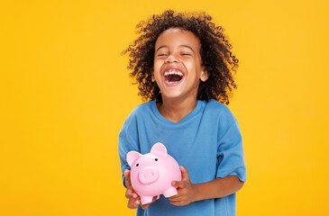 Happy ethnic boy storing money in piggy bank