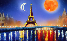 Paris City At Night Oil Painting Palette Knife On Canvas. Starry Night And Full Moon Cityscape. Popular Touristic Place. Trendy Wall Art Print, Poster, Creative Design.