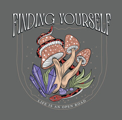 Wall Mural - snake and magic mushrooms.mystical t shirt print design.finding yourself.