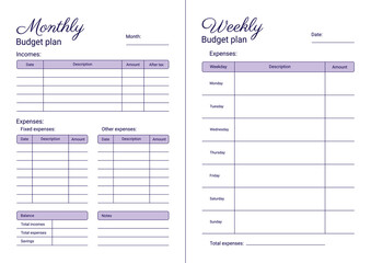  Personal budget plan concept. Monthly and weekly printable template, A4 format. Illustration on a white background.