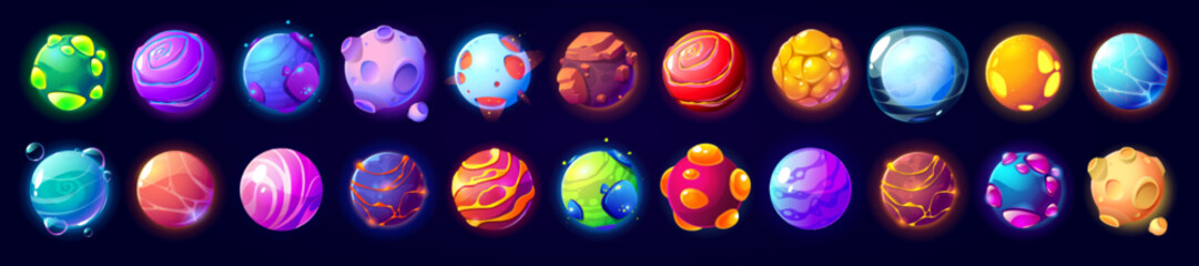 Wall Mural - alien space planets, cartoon fantastic comets, asteroids, galaxy ui game cosmic world objects, desig