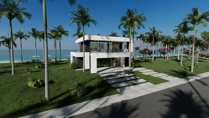 Wall Mural - 4K video rendering of modern cozy house with pool and parking for sale or rent in luxurious style by the sea or ocean. Sunny day by the coast with palm and flowers in tropical island Fly-walk