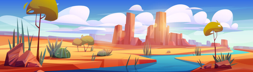 Wall Mural - River in desert, beautiful oasis landscape with rocks, water stream, sand and plants under blue sky with clouds. Cartoon background for game, deserted nature, 2d panoramic scene, Vector illustration