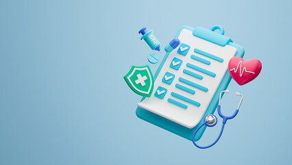 Healthcare medical doctor stethoscope heartbeat clipboard health checkup insurance report service icons.3d rendering..