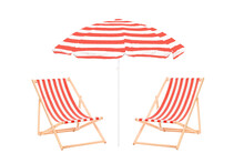 Two Beach Sun Loungers And An Umbrella