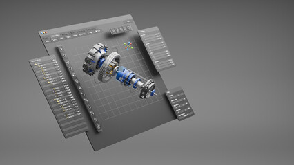 Fototapete - Engineering designer design 3D CAD software program Industrial engine model mechanical dimensional digital manufacturing factory engineer computer screen. 3d rendering.