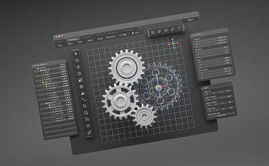 Leinwandbilder - Engineering designer design 3D CAD software program Industrial engine model mechanical dimensional digital manufacturing factory engineer computer screen. 3d rendering.