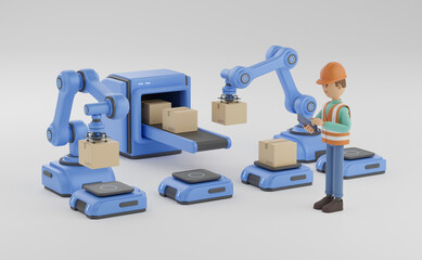 Wall Mural - Smart industry production factory warehouse logistic and transport Future Technology. Engineer operating vehicle autonomous guided  robot AGV system robotic arm carry cardboard box. 3d rendering.