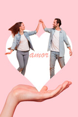 Canvas Print - Creative template collage of two people fall in love hand show heart picture isolated on pink color background