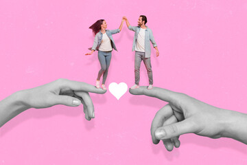 Sticker - Composite collage image of two big arms fingers hold people black white gamma love concept isolated on pink background