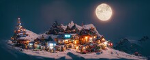 Winter Village Covered With Snow Near Mountains And Trees At Night With Full Moon Illustration