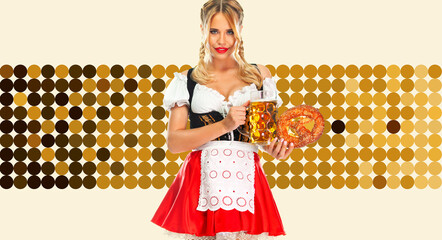 Wall Mural - Beer for Oktoberfest from sexy girl in traditional german dirndl. Photography for advertising design at Oktoberfest 2022