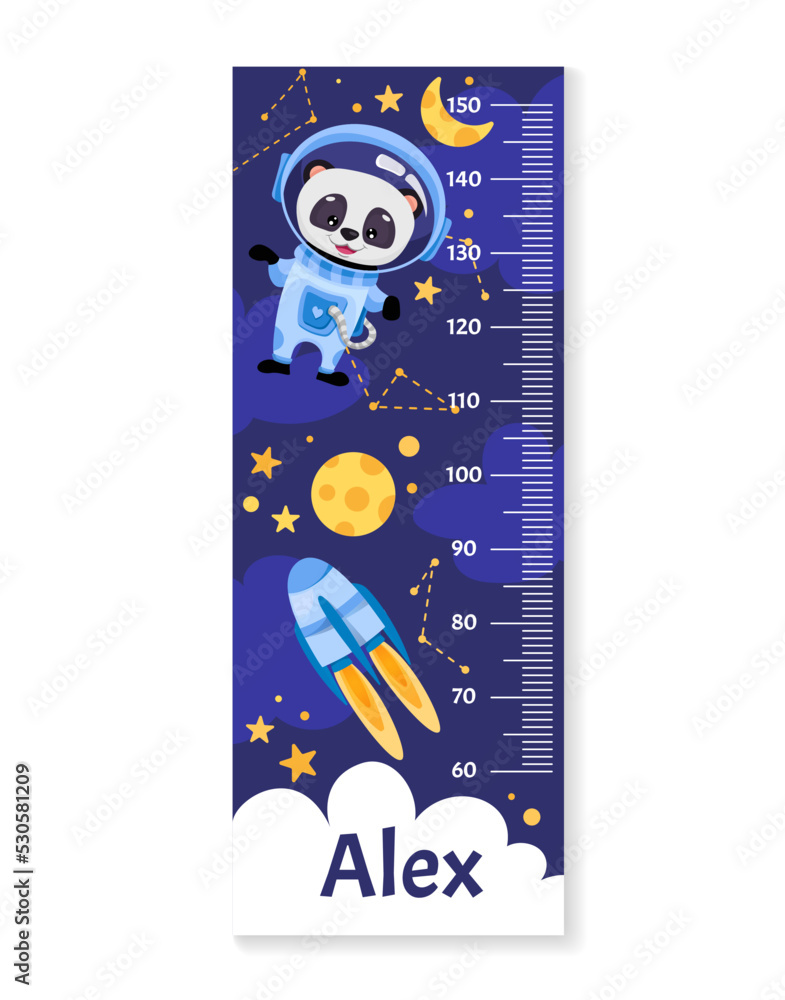 Kids height chart with animal astronaut in space suit, planets ...