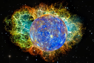 Wall Mural - mercury planet with colorful nebula. space background. elements of the image furnished by nasa