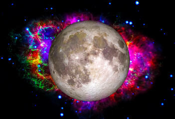 Wall Mural - the moon with colorful nebula. space background. elements of the image furnished by nasa.