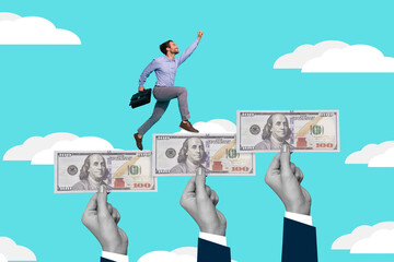 Sticker - Composite collage image of big arms hold banknotes bills small guy running climb isolated on painted clouds sky background