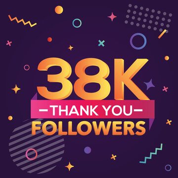 Thank you 38000 followers, thanks banner.First 38K follower congratulation card with geometric figures, lines, squares, circles for Social Networks.Web blogger celebrate a large number of subscribers.