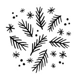 Fototapeta Sypialnia - Christmas tree twigs with snowflakes set,hand-drawn branches, sketch doodle style.Festive design for New Year holiday,drawing by ink, pen, marker.Traditional decoration.Isolated.Vector illustration