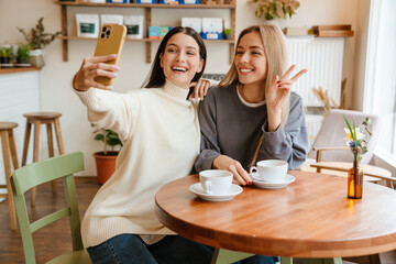 Wall Mural - Two women gesturing while taking selfie photo on mobile phone at cafe