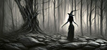 Gloomy Horror Witch Halloween Scary Banner Background Wallpaper Digital Illustration,Concept Art Illustration