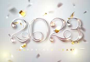 Wall Mural - happy new year 2023 greeting card with silver numbers and confetti frame on white background. vector