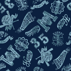 Wall Mural - Vintage baseball badges and prints collection vector seamless pattern grunge effect in separate layer