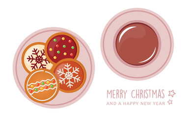 Poster - merry christmas card with cookie gingerbread and cocoa drink