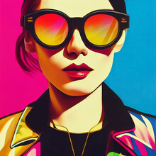 Young Female Face With Sunglasses. Pop Art
