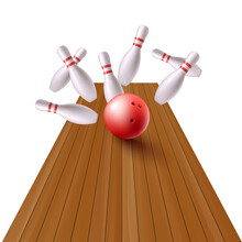 Bowling Alley Mockup With Ball Striking Pins, Realistic Vector Illustration Isolated.