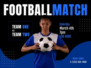 Sticker - Composition of football match text with african american female football player on black background