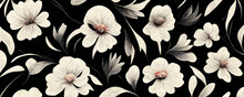 White Flowers On Black Background, Simplistic Floral Design Inspired By Kenzo Flowers, Japanese Aesthetic Patterns, Textured Wallpaper