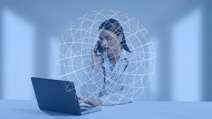 Canvas Print - Animation of globe spinning over caucasian female doctor using laptop and smartphone