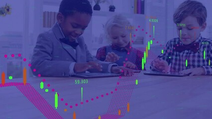 Wall Mural - animation of data processing over diverse schoolchildren using tablets