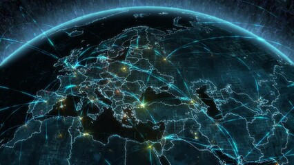 Digital Grid Futuristic Animation of Rotating Earth. Internet connection by satellites. Global network connections over Europe and Asia. IOT, AR, Telecommunication and 5G.
