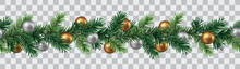 Vector Seamless Decorative Border With Green Branches And Christmas Baubles Isolated On Transparent Background