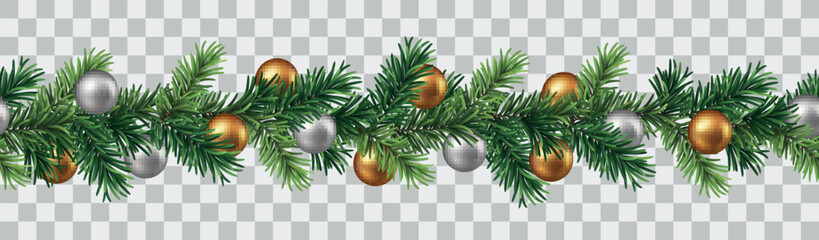 Wall Mural - vector seamless decorative border with green branches and christmas baubles isolated on transparent 