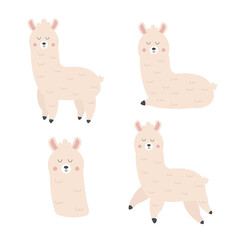 Wall Mural - Set of character cartoon lama in boho style. Vector illustration.