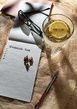 High Angle View Of Notebook Or Personal Diary With Handwritten Text "Gratitude List", Water With Lemon, Grasses. Wellness. Selfcare. Gratitude Journal. Mindfulness Morning Practice. Selective Focus.