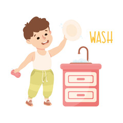 Poster - Little Boy Washing Dishes at Kitchen Sink Demonstrating Vocabulary and Verb Studying Vector Illustration